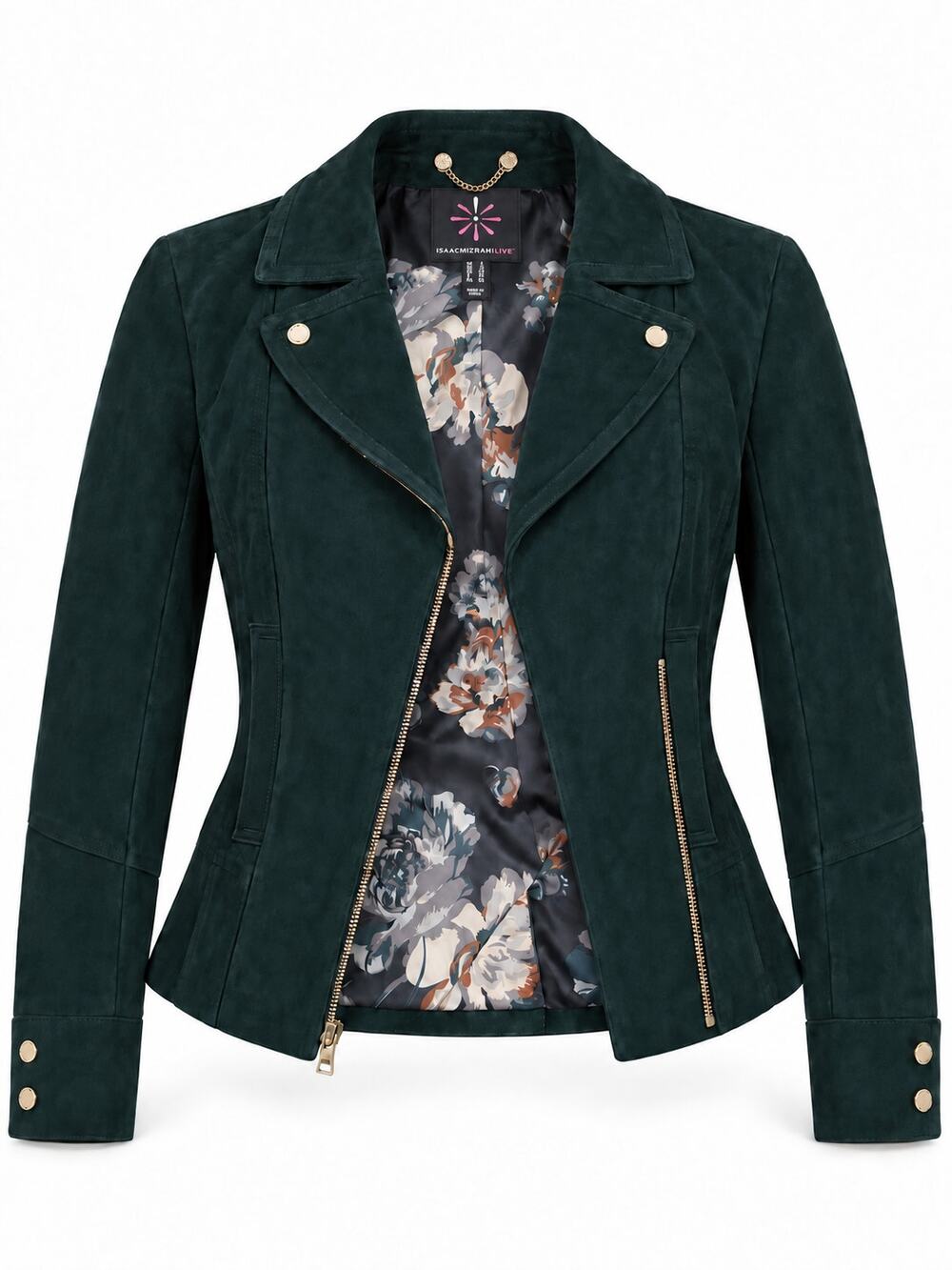 Isaac Mizrahi LIVE Genuine Suede Moto Jacket Size 6 Emerald Green Gold Zip